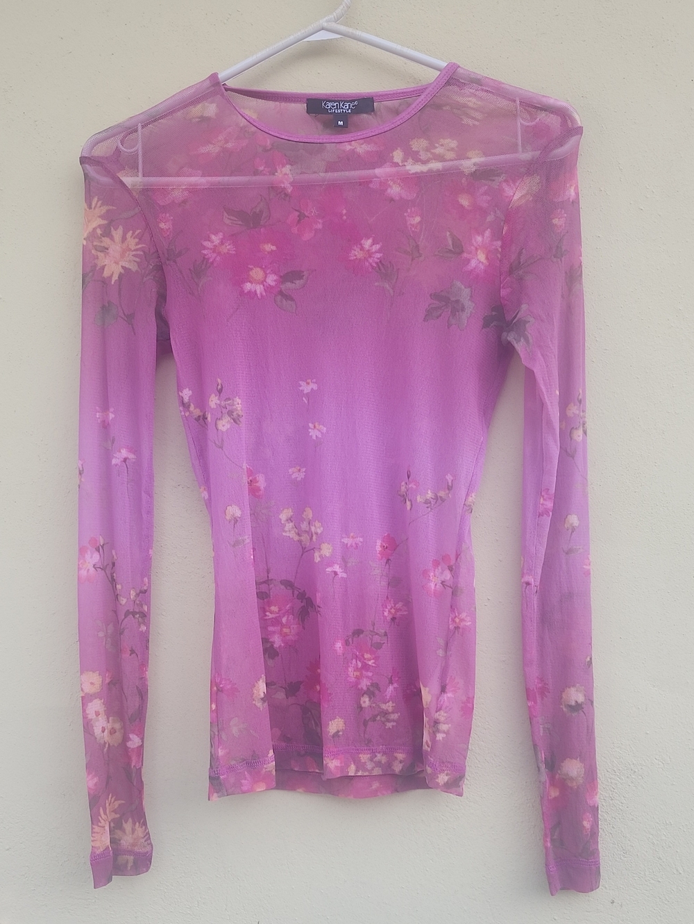 Karen Kane Lavender-Pink Floral Sheer Long Sleeve Top